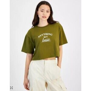 Self Esteem Juniors’ “Anything But Basic” Graphic Tee Olive Green Small NWT Crop
